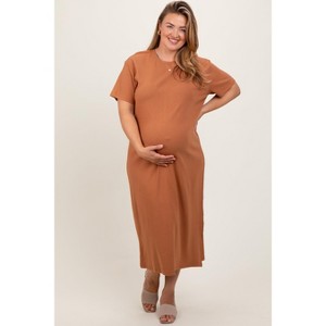 Pinkblush Camel Short Sleeve Side Slit Maternity Plus T-Shirt Midi Dress - 1 of 3