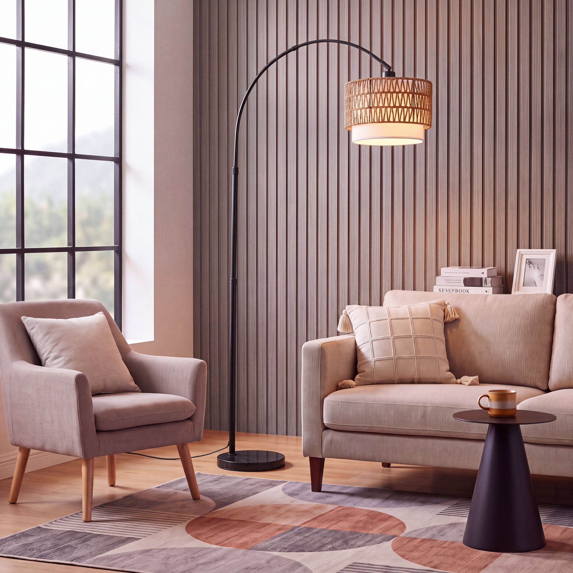 GDFStudio Cadley Modern Adjustable Arc Floor Lamp with Rattan and Fabric Dual Shades,Black