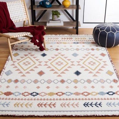 Ivory and Multicolor Synthetic Flat Woven Rectangular Area Rug