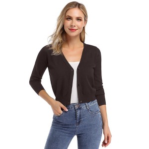 Women Solid Button Down 3/4 Sleeve Cropped Bolero Cardigan Sweater - 1 of 4