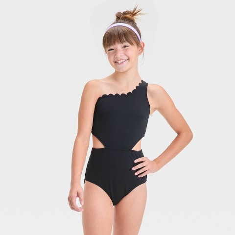 Art Class Girls' Solid One Piece Swimsuit - art class™ Black S: Recycled Polyester, Adjustable Strap, UPF 50+