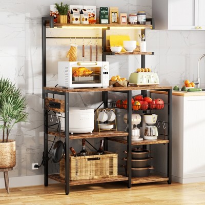 Aheaplus Kitchen Storage Shelf with Hooks, Coffee Bar with Charging Station and Shelves