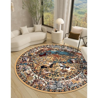 Round Tan and Blue Synthetic Stain-Resistant Area Rug