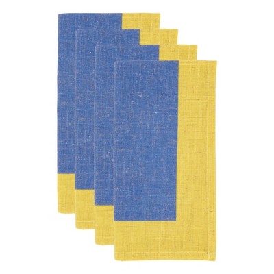 Colorful Block Border Blue and Yellow Linen Napkins, Set of 4