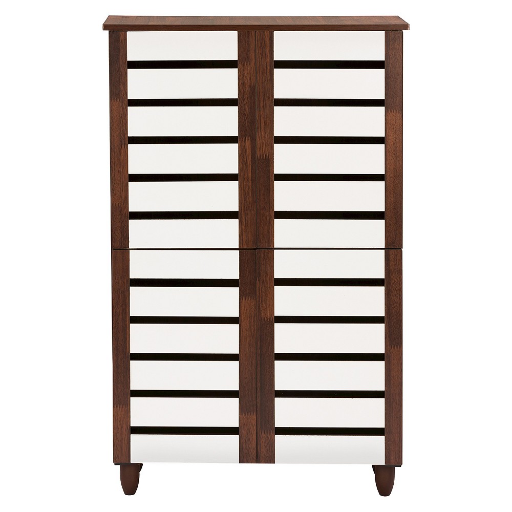 Baxton Studio Gisela Two-Tone Shoe Cabinet with 4 Door Oak/White: Mid-Century Modern, 18 Pair Storage, Freestanding