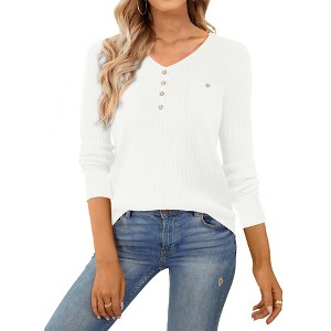 INSPIRE CHIC Women's Long Sleeve V Neck Button Decor Elegant Ribbed Knit Tops - 1 of 4