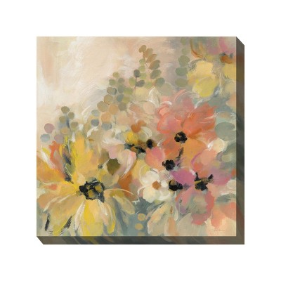 Cottage Garden West of The Wind Soft Whispers Pink, Yellow, Green 24 x 24 Inch Waterproof Gallery Wrapped Canvas, Outdoor Garden, Yard, Patio All