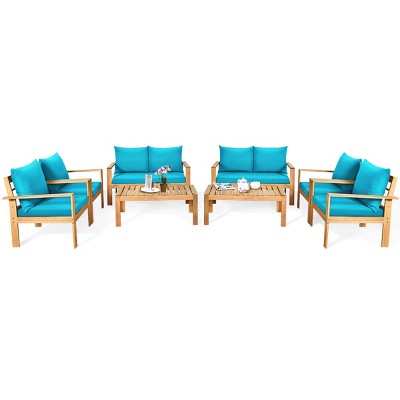 Tangkula 8PCS Patio Acacia Wood Conversation Furniture Set w/ Turquoise Cushions