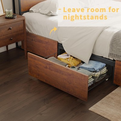 Full Size Industrial Wood and Metal Bed Frame with Storage Drawers