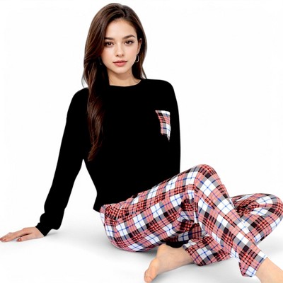 Anna-Kaci Lounge Women's Plaid Pajama Set with Long Sleeve Pocket Top and Relaxed Fit Elastic Waist Pants- Black,Small