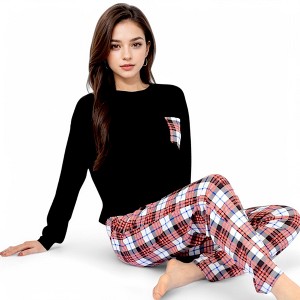 Anna-Kaci Women's Plaid Pajama Set with Long Sleeve Pocket Top and Relaxed Fit Elastic Waist Pants- Black,Small - 1 of 4