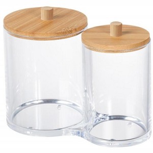 2 Section Acrylic Cotton Swab & Makeup Organizer with Bamboo Lid, Nonslip Clear Vanity Storage Container, Compact Bathroom Countertop Organizer - 1 of 3