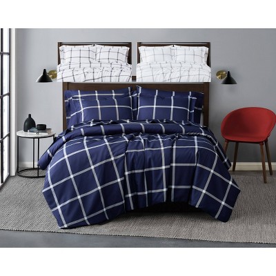 Navy and White Windowpane Microfiber Duvet Cover Set