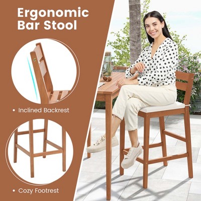 Natural Eucalyptus Wood Outdoor Bar Stools with Off-White Cushions, Set of 2