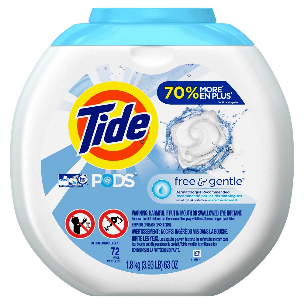 Tide Pods Free & Gentle 72 Count Unscented HE Capsules Laundry Detergent