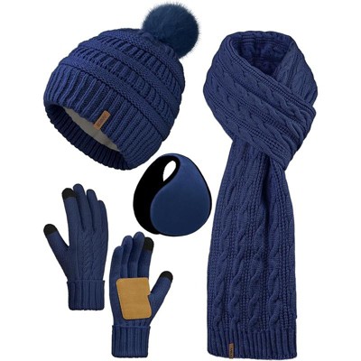 ZUPPAD 4-in-1 Women Winter Beanie Hat Scarf Touchscreen Gloves Ear Warmer Set Fleece Lined Warm Knit Skull Cap with Pom Pom