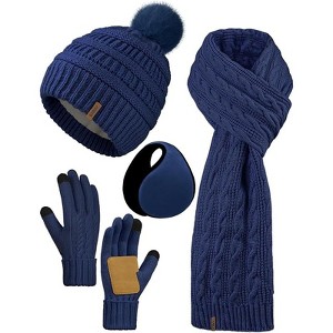 ZUPPAD 4-in-1 Women Winter Beanie Hat Scarf Touchscreen Gloves Ear Warmer Set Fleece Lined Warm Knit Skull Cap with Pom Pom - 1 of 4