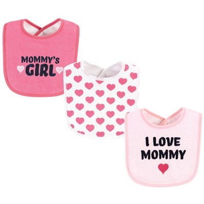 Image of Hudson Baby Infant Girl Fiber Filled Drooler Bibs 3pk, I Love Mommy Lt. Pink, One Size