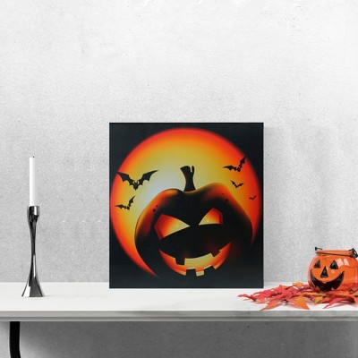Northlight LED Lighted Bats and Jack-O-Lantern Halloween Canvas Wall Art - 19.75" x 19.75"