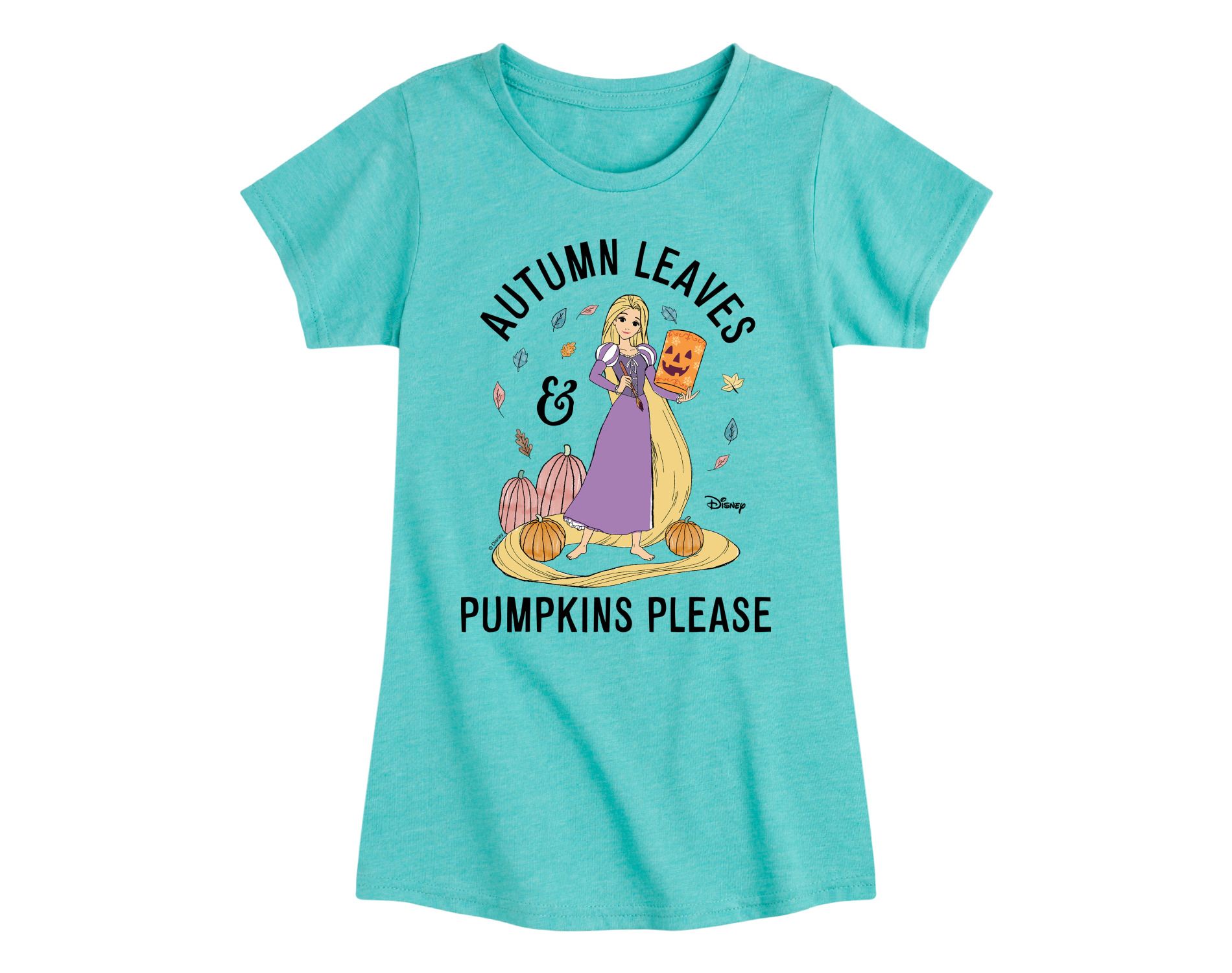 Girls' Disney Princess Autumn Leaves and Pumpkins Please Fitted Short Sleeve Graphic T-Shirt - Turquoise - Large