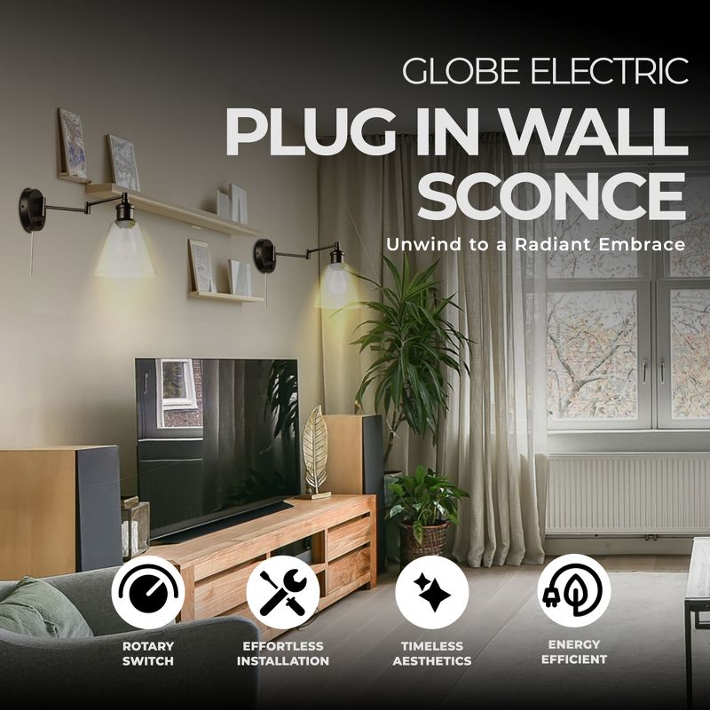 Globe Electric 10 Watt LED Plug In Wall Sconce Clear Glass Shade with 6 Foot Cord, Rotary On Off Switch on Canopy, and Hardware Kit, Dark Bronze, 3 of 7