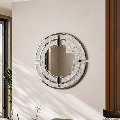 FUFU&GAGA Large 31.5" Round Wall Mirror with Glass Inlay Luxury Hanging Mirror for Home Decor Decorative Accent