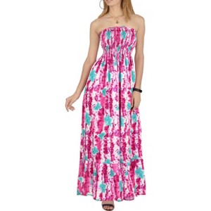 LA LEELA Women's Tube Dress Top Flowy Maxi One Size Raspberry Floral Stripes - 1 of 3