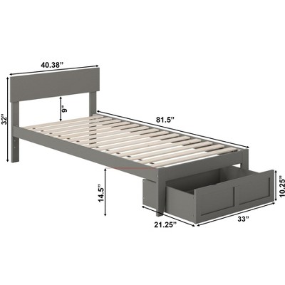 Boston Twin XL Gray Solid Wood Platform Bed with Storage Drawer