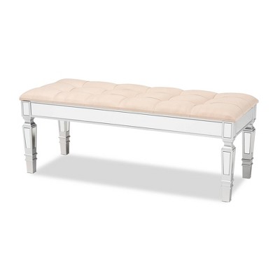 Hedia Silver Finish Mirrored Glass & Beige Velvet Accent Bench
