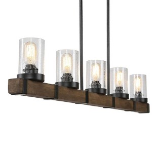 LNC Holmes 5-Lights 43" Farmhouse Linear Kitchen Island Pendant  Lights, Matte  Black and Brown Wood with 4 Seeded Glass Shades - 1 of 4