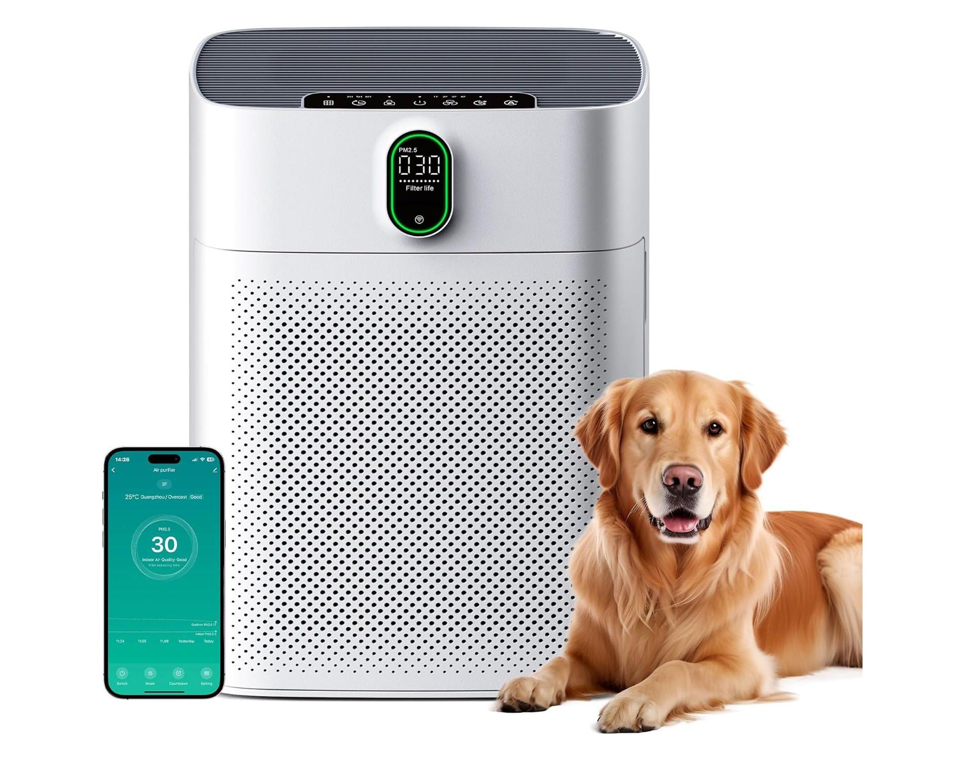 HEATDAZ Smart Air Purifier for Home & Large Room up to 1076 ft², Wi-Fi and Alexa Compatible, PM2.5 Air Quality Display, HEPA Filters, HY-4866W, White