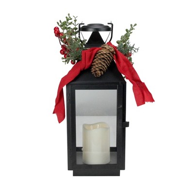 Gerson 16" Holly Lighted Lantern with Timer Christmas Decoration - Black Metal