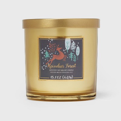 15.1oz Lidded Glass Jar 2-Wick Exterior Metallic Gold Spray Reindeer Forest Holiday Candle - Opalhouse™