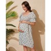 Women's Fashion Maternity Dress Floral Short Sleeves Square Neck Dress Smocked Midi Dress for Babyshower Photography - 4 of 4