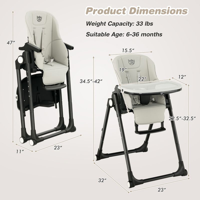 Babyjoy 4-in-1 Foldable Baby High Chair Height Adjustable Feeding Chair with Wheels Grey/Beige/Pink, 4 of 7