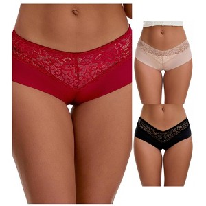 INSPIRE CHIC Women's Lace Ice Silk Hollow Out Mid Rise Comfort Boyshorts  Briefs 3 Packs - 1 of 4