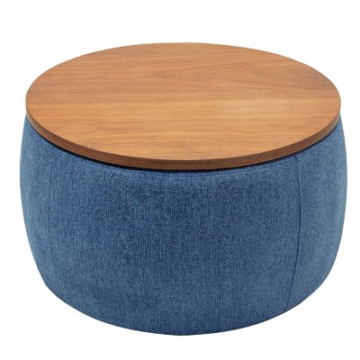 FURNIinspire Ottomans and Benches Round Chenille Storage Ottoman Set with Drum Stool Design for Contemporary Living, Blue, 25.61"*25.67"*16.56"
