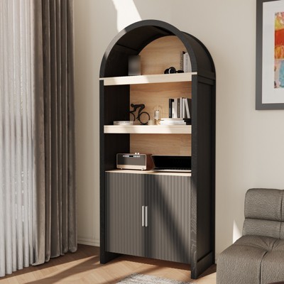 71" Arched Kitchen Pantry Cabinet, 5 Tier Wooden Display Cabinet, Freestanding Book Shelf with Adjustable Shelves, Bathroom Storage Cabinet