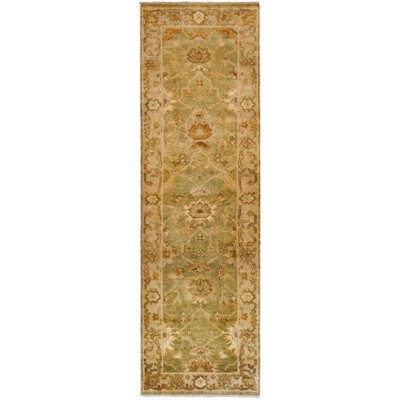 Hand-Knotted Wool Green and Beige 3' x 10' Runner Rug