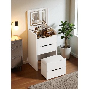 Compact 3-in-1 Vanity Desk with Flip Top Lighted Mirror, Glass Top Makeup Vanity Table with 3 Drawers & Stool for Bedroom (48CM) - 1 of 4