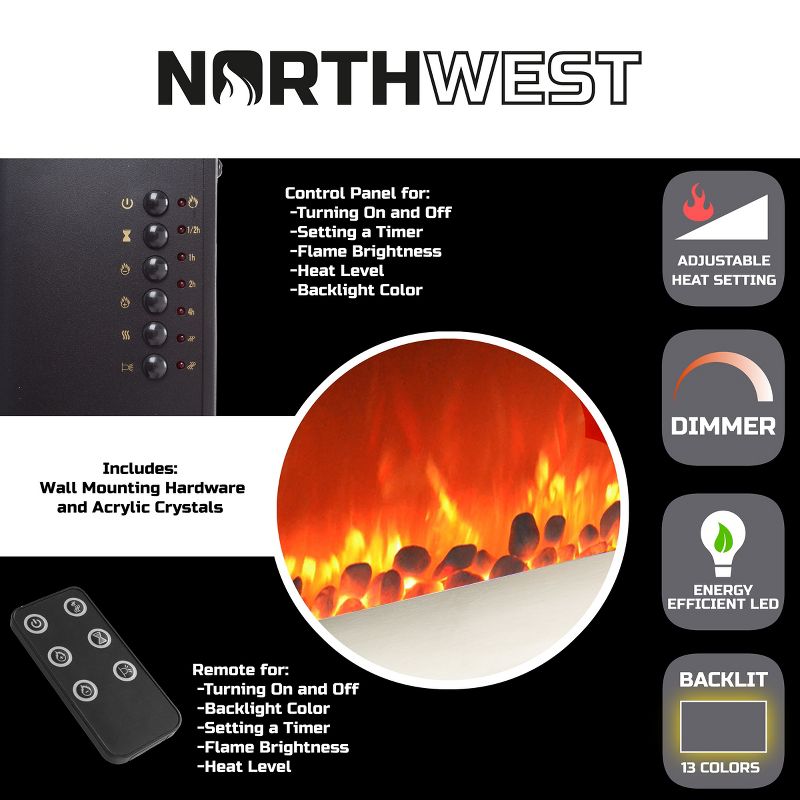 Electric Fireplace with Adjustable Heat Options, Backlights, and Brightness - Wall-Mounting Hardware and Remote Included by Northwest (Brushed Silver), 3 of 11