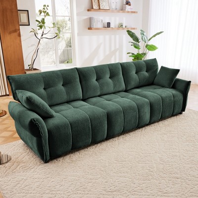 DOMETOUR 3-Seater Sofa Set with 2 Ottomans & Pillows, Solid Wood Frame, Chenille Cover, High-Rebound Cushions, Green