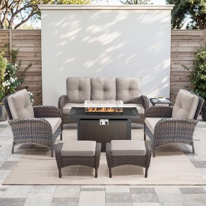 Buenhomino 5PCS Outdoor Patio Furniture Set with Fire Pit,PE Wicker Patio Conversation Sets, 43" 50000BTU Gas Propane Fire Pit Table,Wicker Chairs Set - 1 of 4
