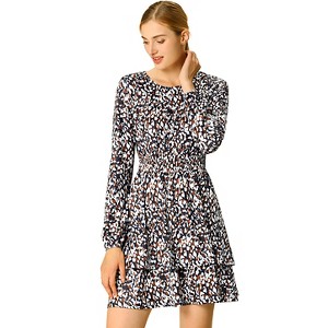 Allegra K Women's Leopard Print Crew Neck Smock Waist Long Sleeve Ruffle Mini Dress - 1 of 4
