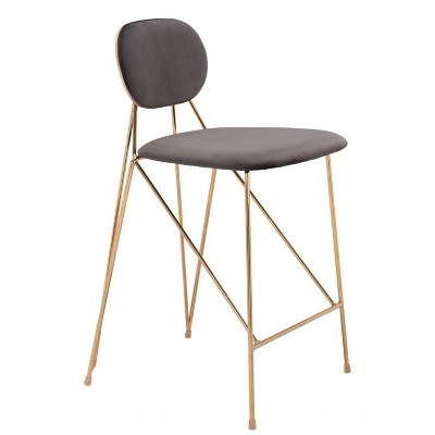 Velvet Counter Stool 36.2" H, Gray with Gold Steel Frame Legs by Zuo Modern (Set of 2)