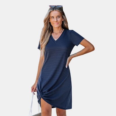 Women's Navy Waffle Knit Short Sleeve Hem Twist Mini Dress - Cupshe