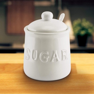 Ivory Ceramic Sugar Jar with Lid and Spoon Set