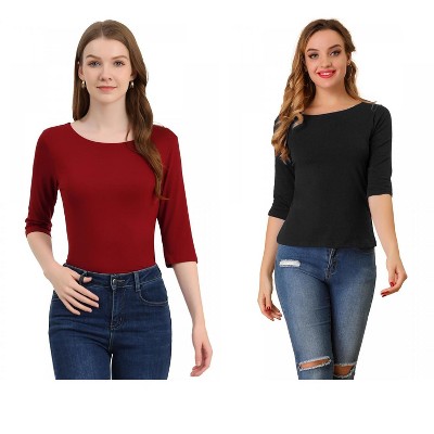 Allegra K Women's Classic Solid Elbow Sleeves Round Neck Slim Fit T-Shirts 2 Packs