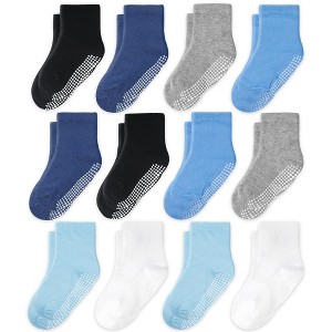 Cozyway Non-Slip Crew Grip Toddler Socks, 12 Pack for Boys, Black/White/Gray/Blue/Light Blue, 1-3 Years Old - 1 of 4