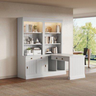 83.4-inch tall bookcase and desk combination with LED lighting, open shelves, white.